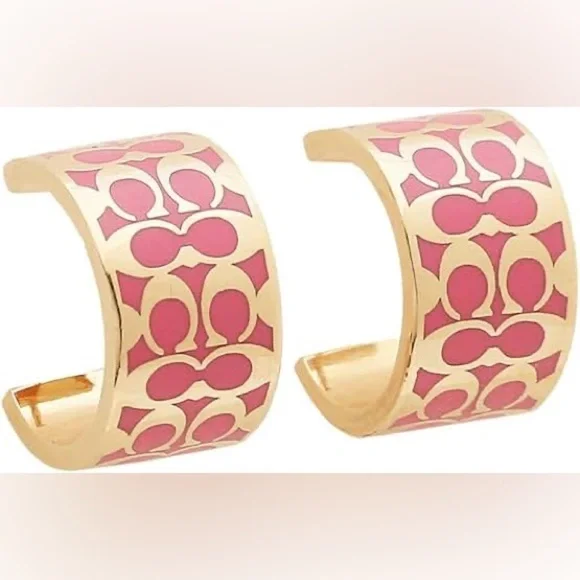 Coach Signature C Pattern Pink and Gold Enamel Huggie Earrings NWT - Picture 6 of 6